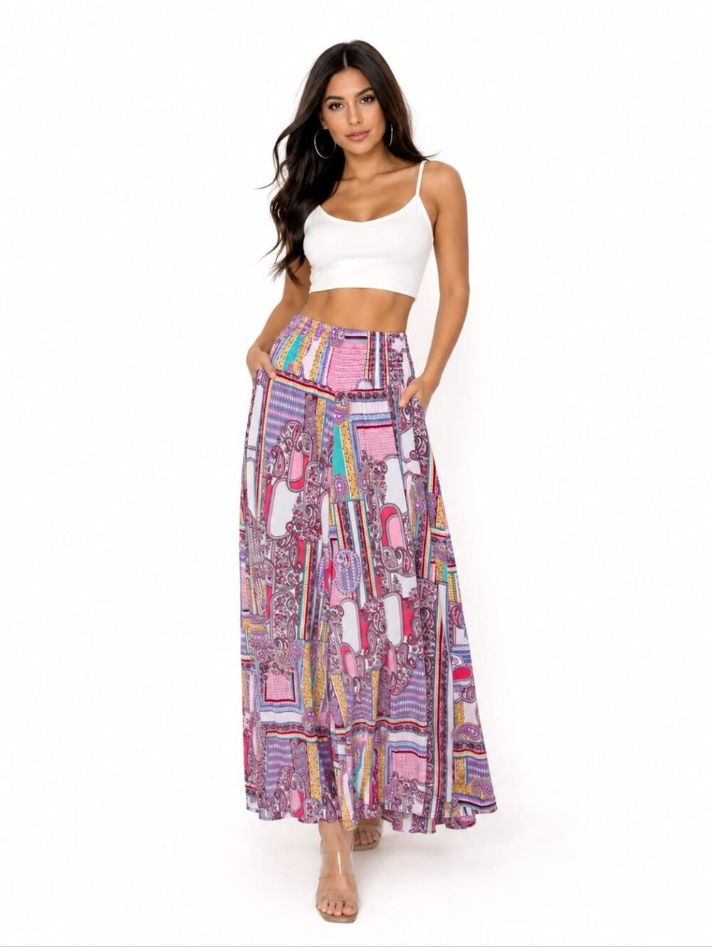 Red Boho Floral Wide Leg Capris with Smocked Waist